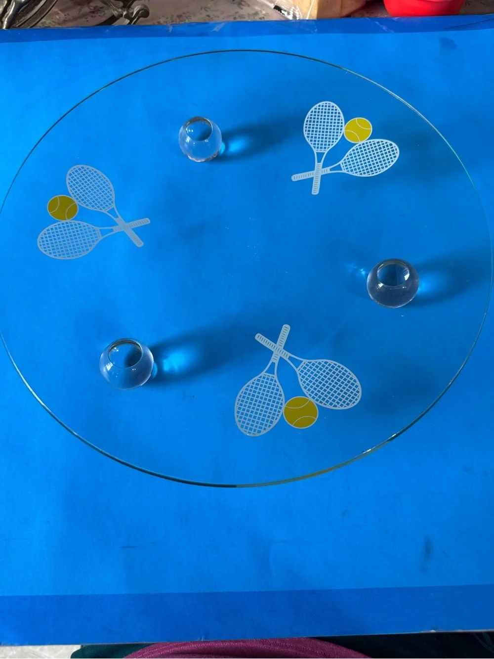 vintage clear glass serving platter featuring frosted tennis racket motifs